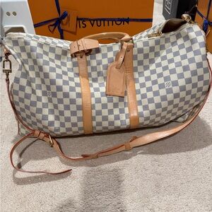 Checkered Canvas Duffle Bag with Tan Leather Accents